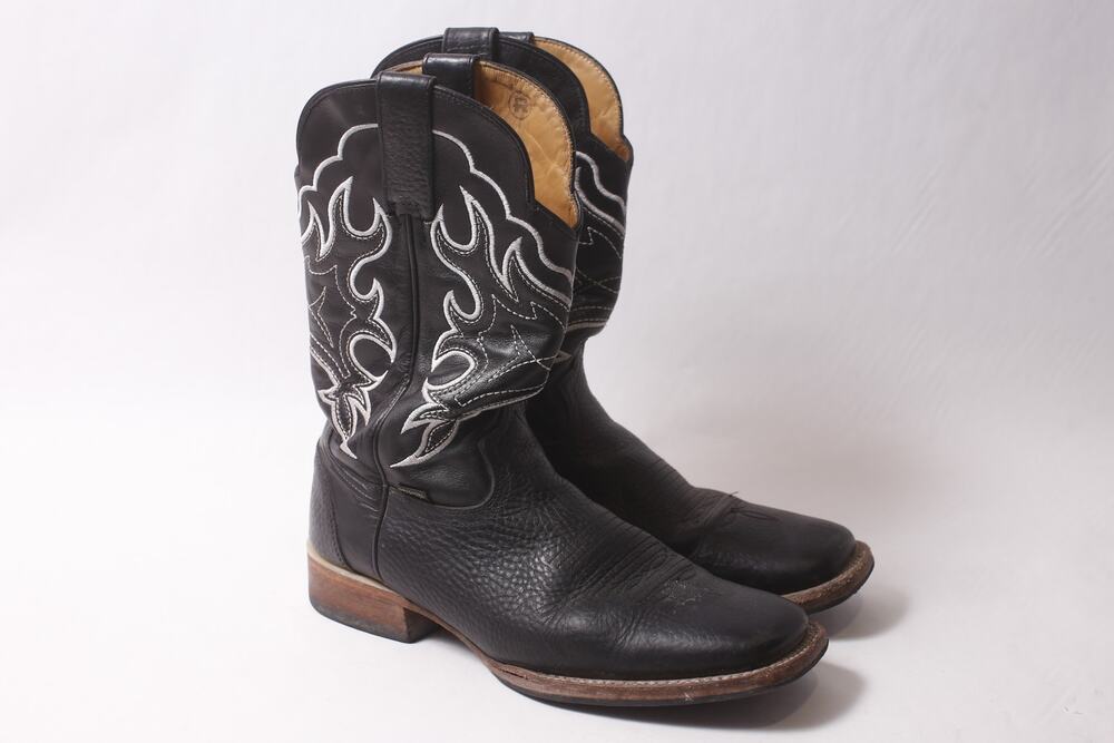 Reyme Men's Cowboy Boots 10-11 Black Leather White Embroidery ~ 260212-WH 972